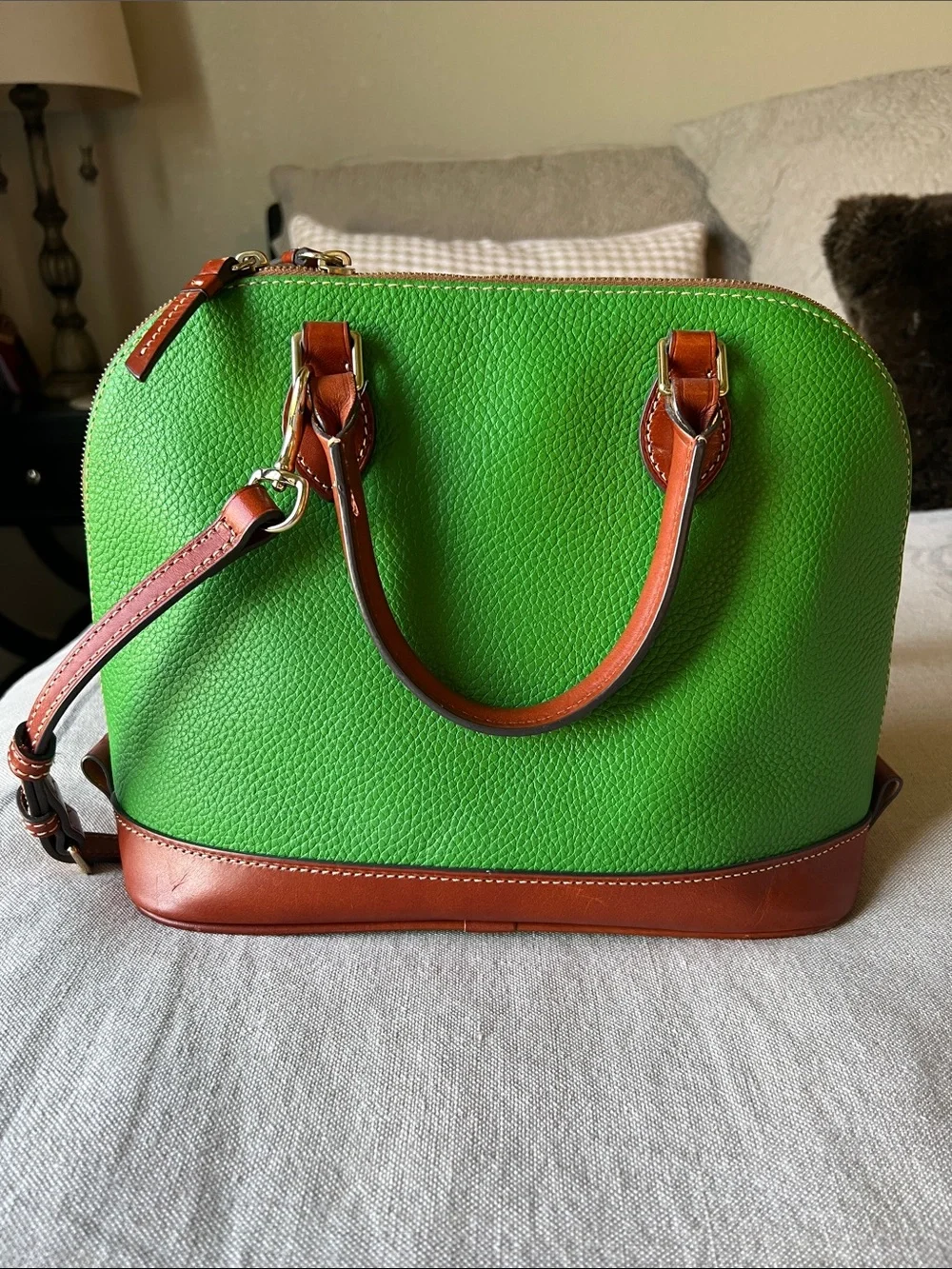 Dooney & Bourke Green Pebbled Leather Satchel with Brown Trim and Strap